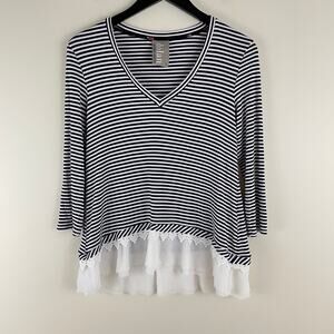 Anthropologie Dolan Left Coast Womens S Top Navy White Stripe Mixed Media Lace